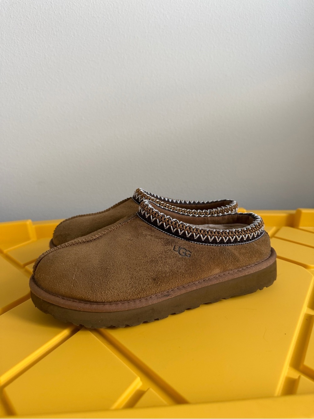 UGG Kids Brown Suede Slip-On Clog with Patterned Trim